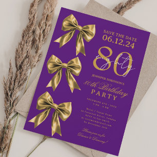 Gold Coquette Bow Save Date 80th Birthday Purple Invitation