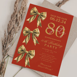 Gold Coquette Bow Save Date 80th Birthday Red Invitation