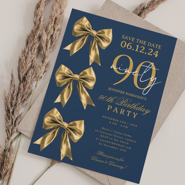 Gold Coquette Bow Save Date 90th Birthday Navy Blu Invitation (Gold Coquette Bow Save Date 90th Birthday Navy Blu Invitation)