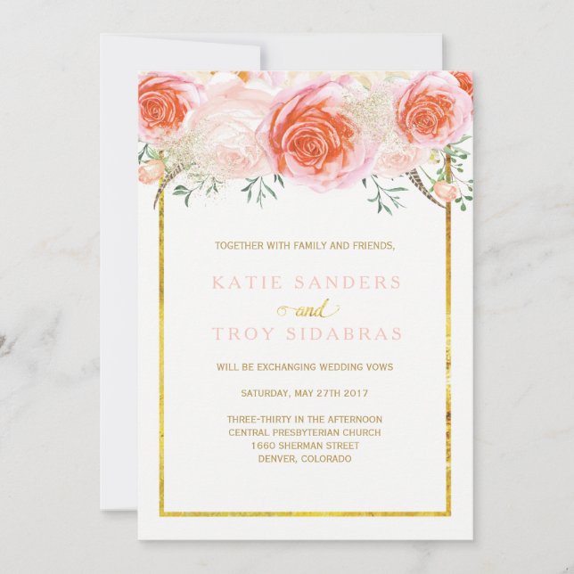 Gold, Coral, Peach and Pink Wedding Invitations (Front)