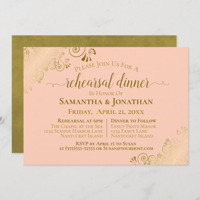 Gold & Coral Peach Wedding Rehearsal & Dinner Invitation (Front/Back)