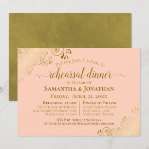 Gold & Coral Peach Wedding Rehearsal & Dinner Invitation