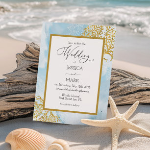 Gold Coral Watercolor Nautical Wedding Invitation