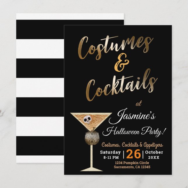 Gold Costumes & Cocktails Skull Drink Halloween  Invitation (Front/Back)