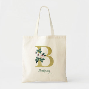 Gold Cottage Rose B Initial Tote Bag - Custom Name