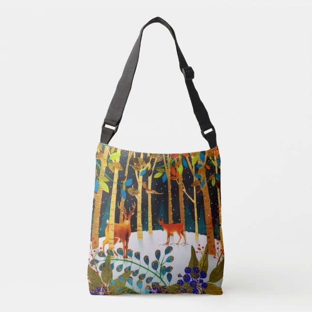 Gold Cozy Winter Deer Forest Watercolor  Crossbody Bag (Front)