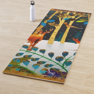 Gold Cozy Winter Deer Forest Watercolor  Yoga Mat