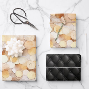 Gold Cream Brown Coin Circles Black Faux Leather  Wrapping Paper Sheet