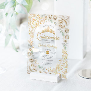 Gold Cream Floral Quinceanera Acrylic Invitations