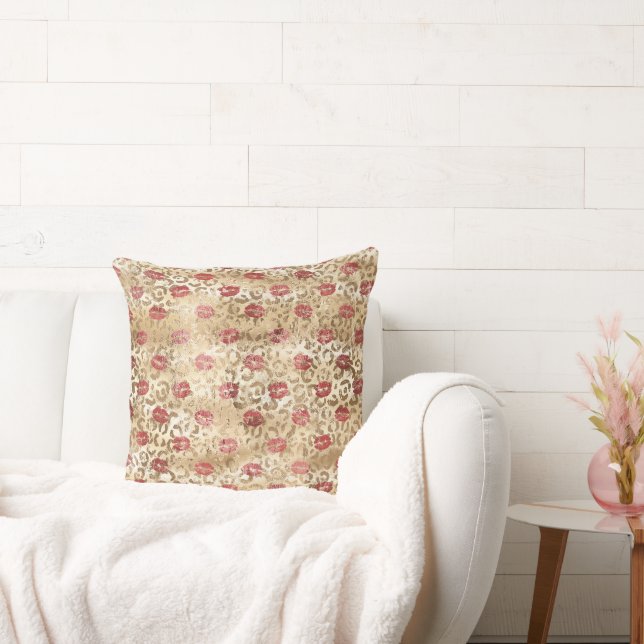 Gold Cream Leopard Red Lips Throw Pillow (Couch)