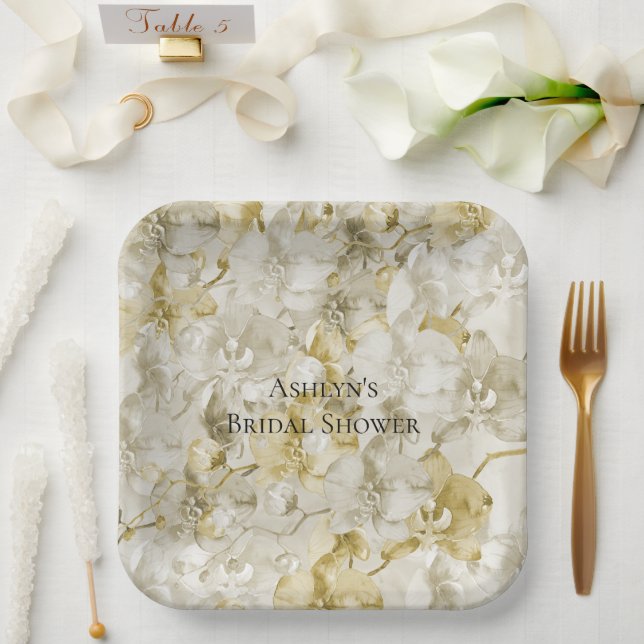 Gold Cream Orchid Flowers Bridal Shower Paper Plate (Wedding)