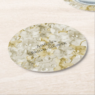 Gold Cream Orchid Flowers Bridal Shower Round Paper Coaster