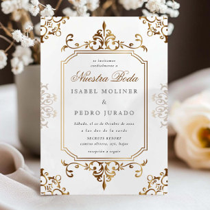Gold Cream Ornament Vintage Nuestra Boda Wedding Invitation