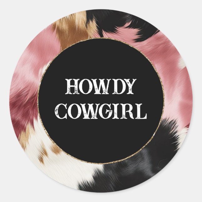 Gold Cream Pink Black Cowgirl Cowhide  Classic Round Sticker (Front)