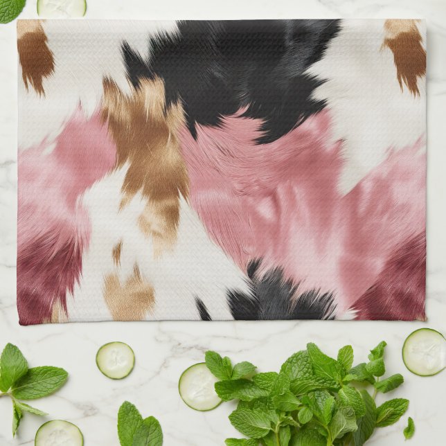 Gold Cream Pink Black Cowgirl Cowhide  Kitchen Towel (Folded)