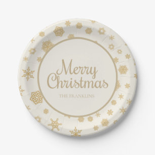 Gold Cream Snowflakes Family Name Merry Christmas Paper Plate
