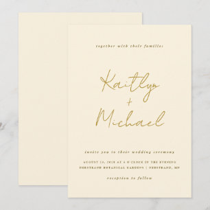 Gold & Cream Wedding Invitation Modern Handwriting