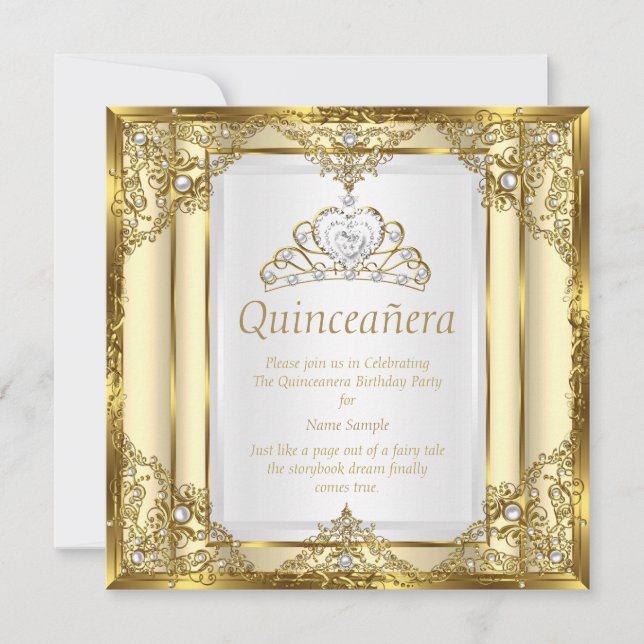 Gold Cream White Pearl Princess Quinceanera Invitation (Front)