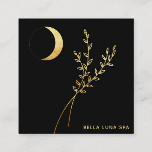 *~* Gold Crescent Moon Gold Foliage Leaves Square Business Card