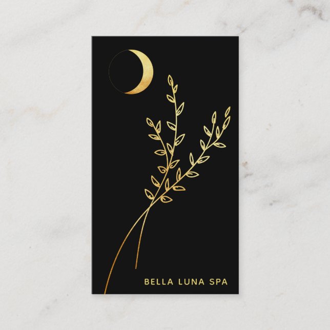 *~*  Gold Crescent Moon Gold Leaves Greenery Business Card (Front)