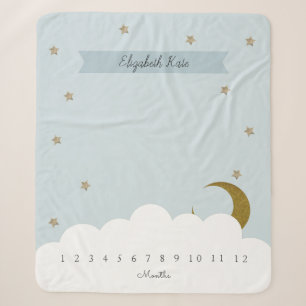 Gold Crescent Moon & Stars Grey Milestone Sherpa Blanket