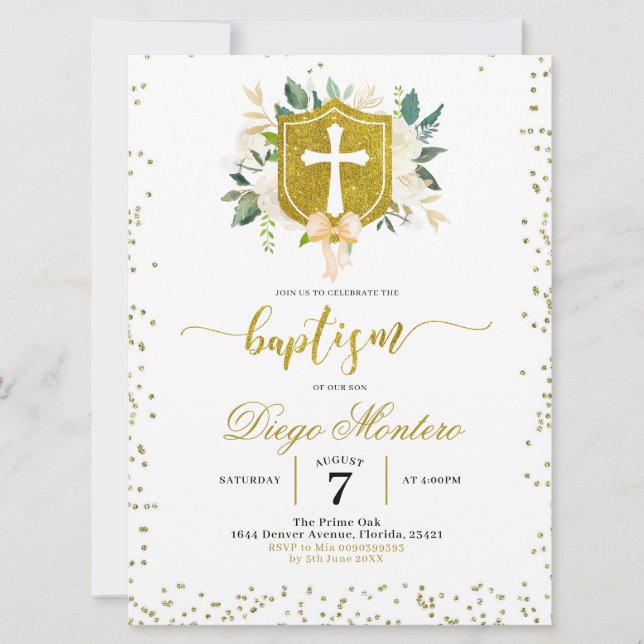 Gold Crest and cross Gender Neutral Baptism Invite (Front)