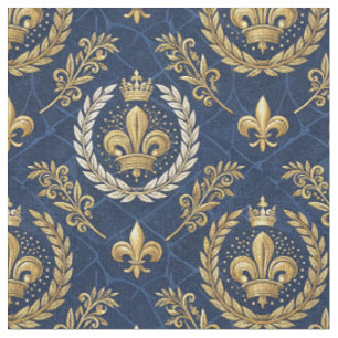 Gold Crest Blue Velvet Royal Damask Design Pattern Fabric