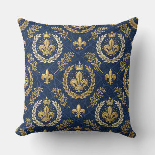 Gold Crest Blue Velvet Royal Damask Design Pattern Throw Pillow