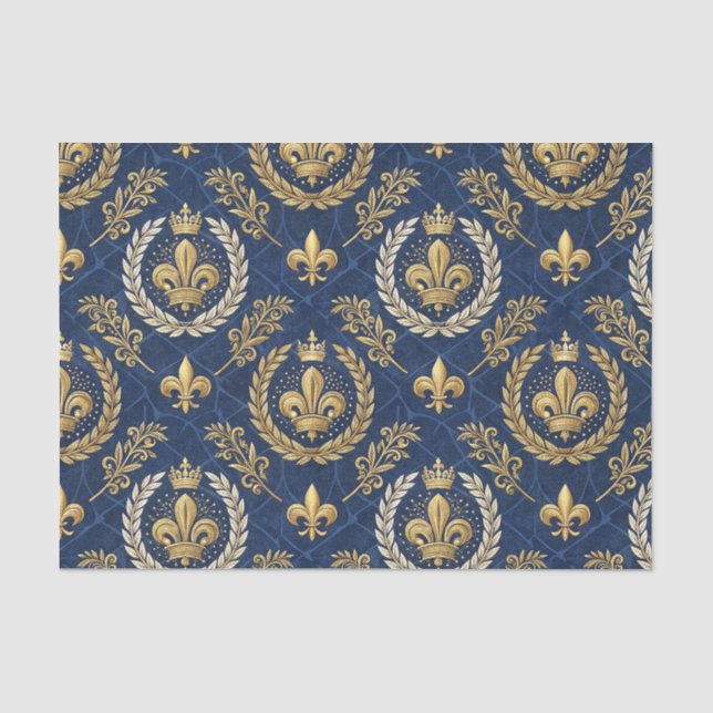 Gold Crest Blue Velvet Royal Damask Design Pattern Tissue Paper (Front)