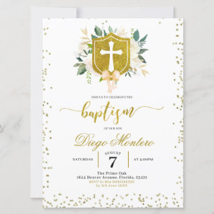 Gold Crest et cross Genre Invitation Baptême neutr