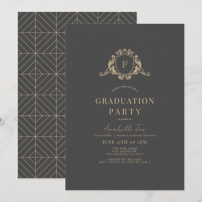 Gold Crest Monogram Dark Grey Graduation Invitation (Front/Back)