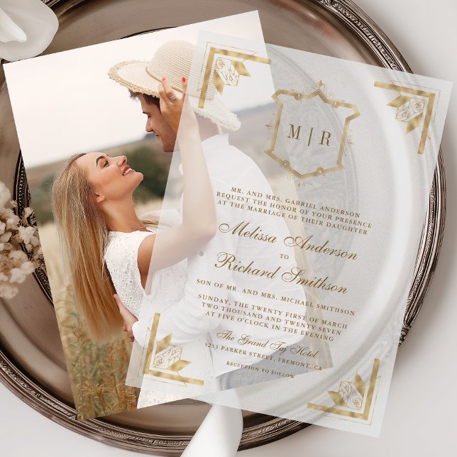 Gold Crest Monogram Ornate Frame Wedding Vellum Invitations (Creator Uploaded)