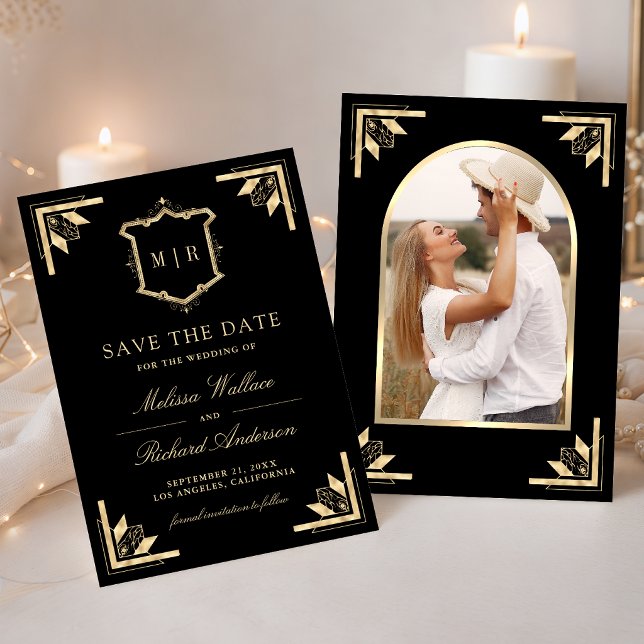 Gold Crest Monogram Photo Black Wedding Save The Date (Creator Uploaded)