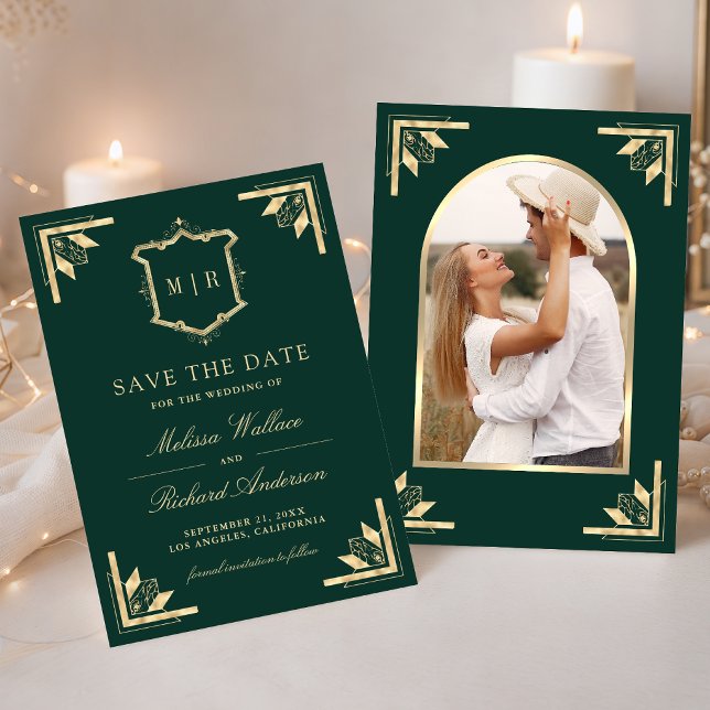 Gold Crest Monogram Photo Emerald Green Wedding Save The Date (Creator Uploaded)