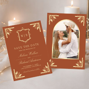 Gold Crest Monogram Photo Terracotta Wedding Save The Date