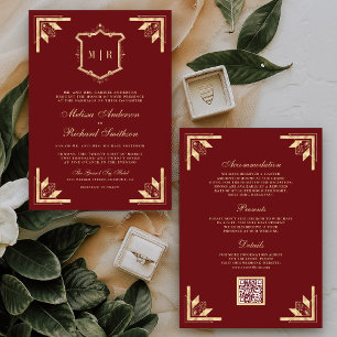 Gold Crest Monogram QR Code Maroon Red Wedding Invitation