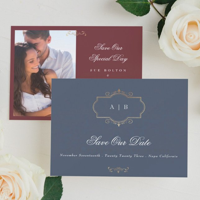 gold crest navy burgundy photo save the date announcement (Creator Uploaded)