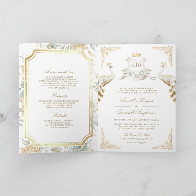 Gold Crest Royal Indian White Peacock Wedding Invitation (Inside)