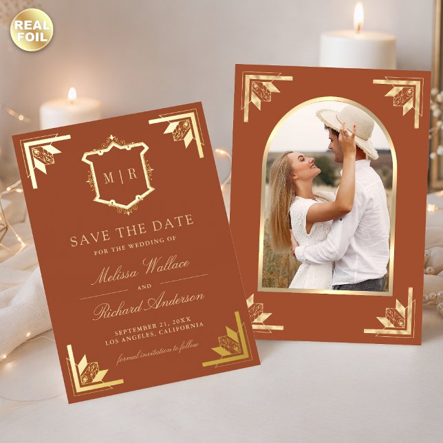 Gold Crest Terracotta Wedding Save the Date (Creator Uploaded)