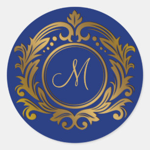 Gold Crest with Monogram Initial on Blue Classic Round Sticker