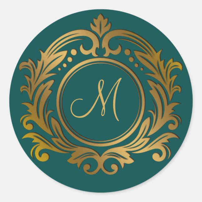 Gold Crest with Monogram Initial on Green Classic  Classic Round Sticker (Front)