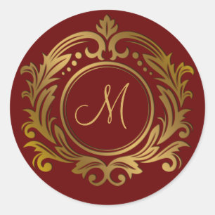 Gold Crest with Monogram Initial on Red Classic Round Sticker