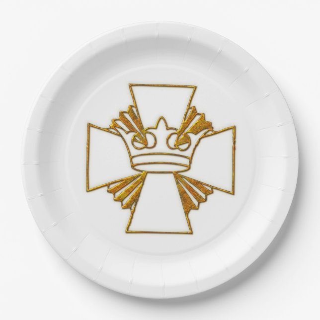 Gold Cross and Crown 3D Look Paper Plate (Front)