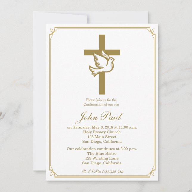 Gold Cross and Dove Confirmation Invitation (Front)