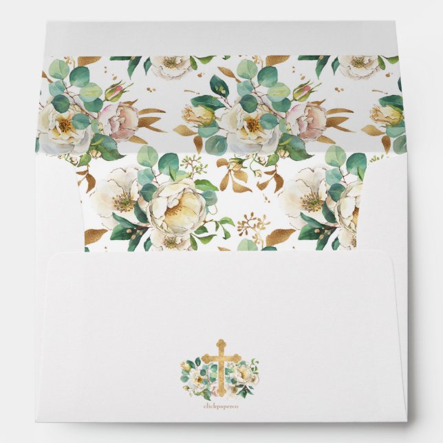 Gold Cross and Floral Baptism Envelope (Back (Bottom))