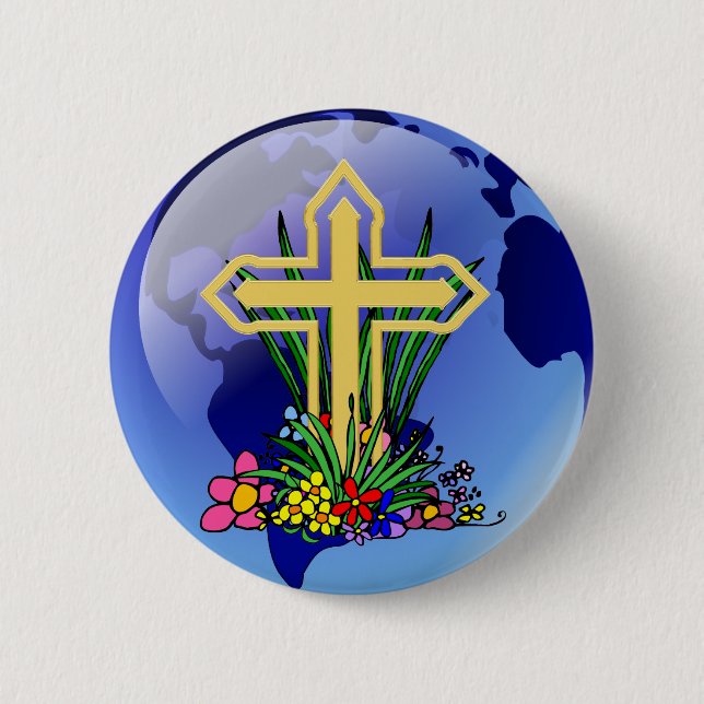 Gold Cross and Flowers 2 Inch Round Button (Front)