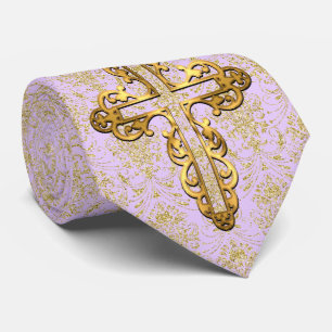 Gold Cross and Gold Damask on Lilac Background Tie