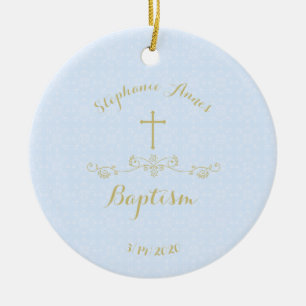 Gold Cross and Laurels in Light Blue Ceramic Ornam Ornament