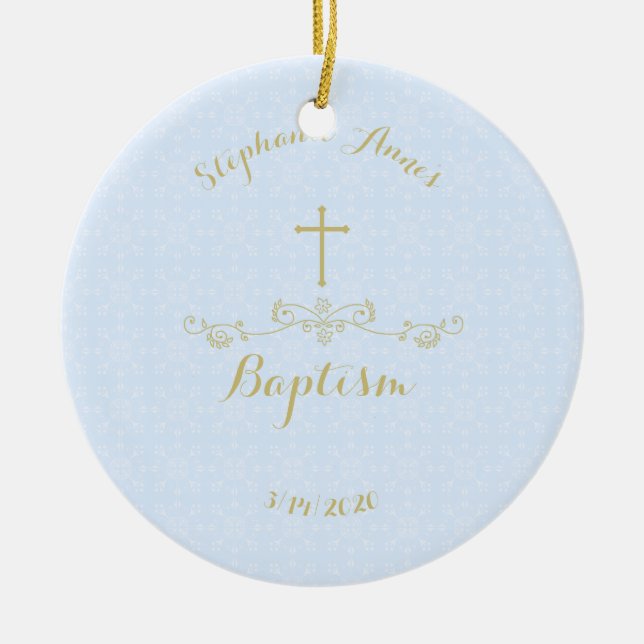 Gold Cross and Laurels in Light Blue Ceramic Ornament (Front)