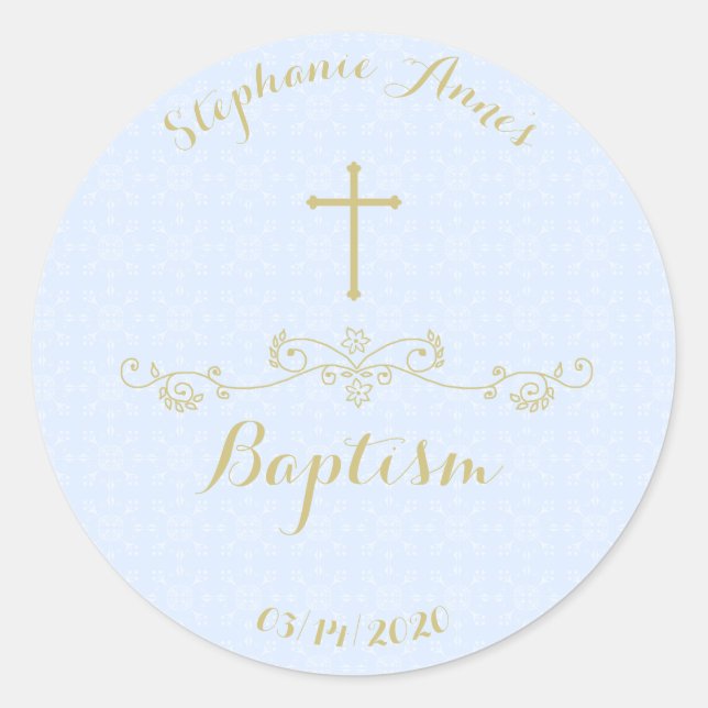 Gold Cross and Laurels in Light Blue Classic Round Sticker (Front)